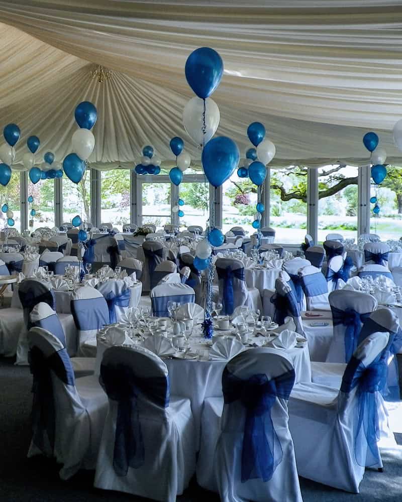 Wedding breakfast room with balloon decorations